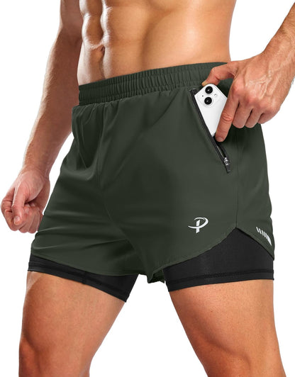 Pudolla Men'S 2 in 1 Workout Running Shorts 5" with Zipper Phone Pockets Quick Dry Gym Athletic Shorts with Compression Liner