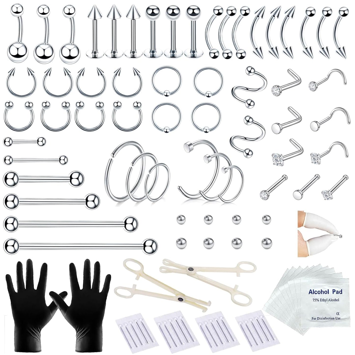 A-Minusone 84PCS Body Septum Piercing Kit 14G 16G Tools for Nose Tongue Lip Ear Eyebrow Belly Button Cartilage Tragus Industrial Barbell Helix Daith Piercing Jewelry Clamps