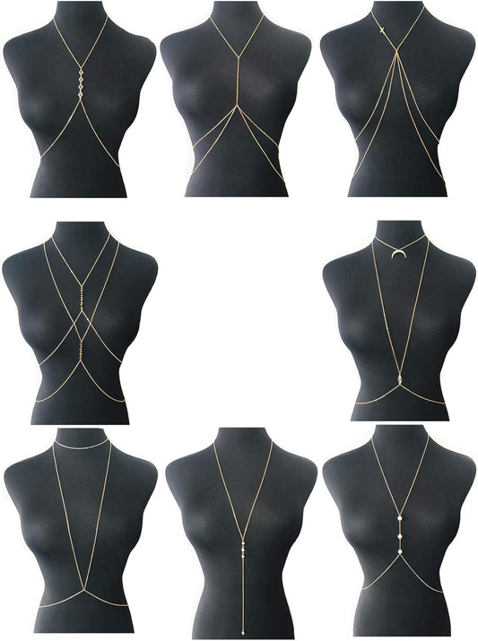 Tornito 4-8Pcs Sexy Body Chain Belly Waist Chain Necklace Summer Beach Bikini Bra Body Jewelry for Women Gold Tone