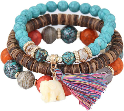 Caiyao Bohemian Stackable Wood Wooden Beads Elephant Charm Tassel Stretchy Bracelet Set for Women Men Multilayered Multicolor Acrylic Resin Seeds Bracelet Ethnic Jewelry Gift