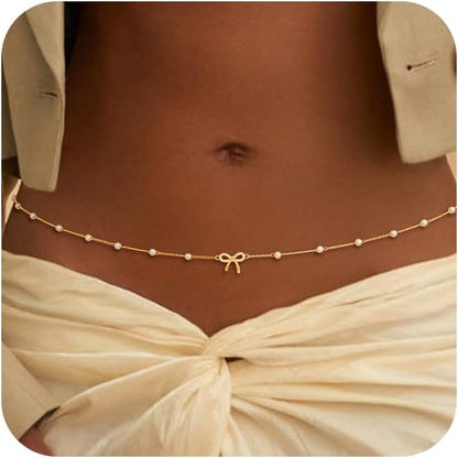 CHESKY Gold Waist Chain, Dainty Body Chain Jewelry for Women Non Tarnish Adjustable Waterproof Belly Chain Sexy Waist Beads for Womens Chain Belt Bow Heart Cross Gold Fall Jewelry for Women