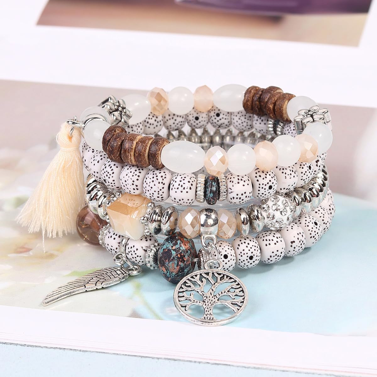 4 Sets Bohemian Stackable Bead Bracelets, Stretch Bangle Charm Jewelry 1