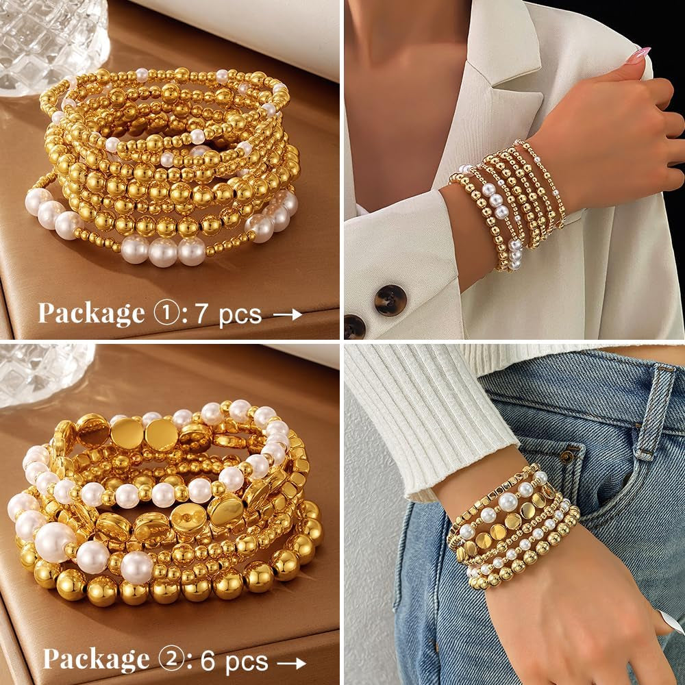 KISS WIFE Gold Bracelets for Women Gold Bracelet Stack Pearl Beaded Bracelets for Women Strand Bead Ball Stretchable Elastic Bracelet Set Adjustable Fashion Accessories Jewelry for Gifts