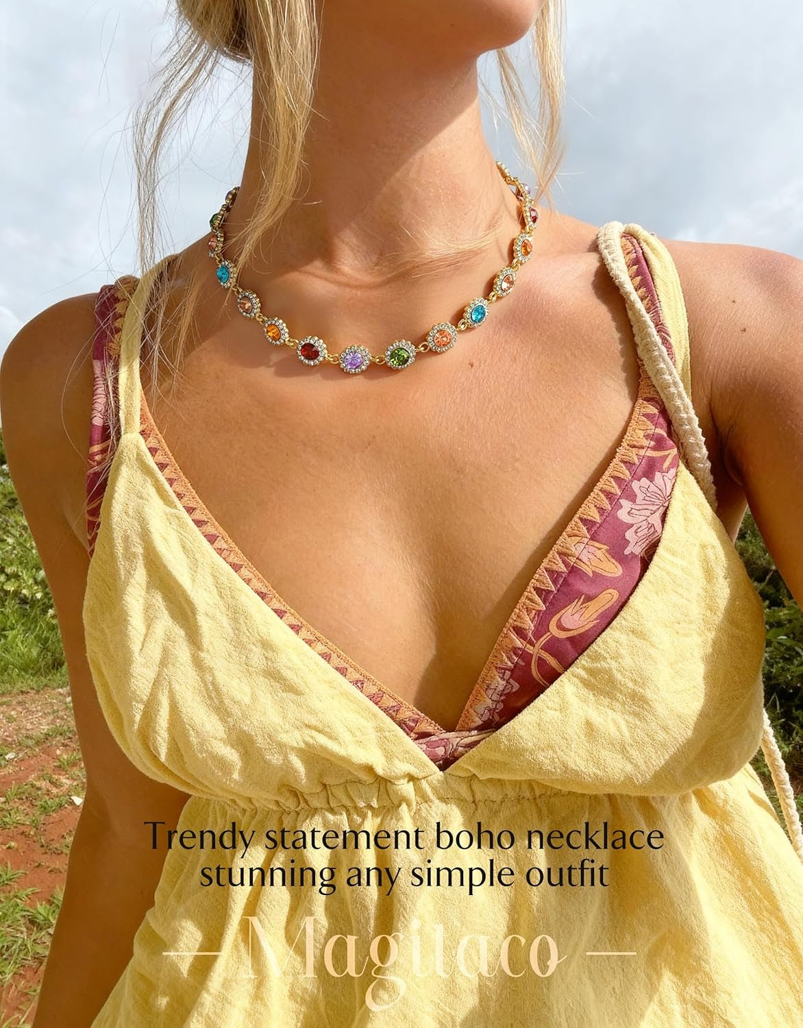 Magitaco Colorful Rhinestone Choker Necklace for Women, Gold Plated Rainbow Crystal Necklaces, Trendy Gemstone Necklace Jewelry for Beach Prom