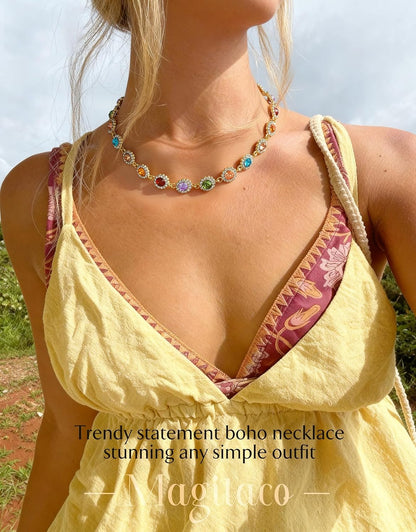 Magitaco Colorful Rhinestone Choker Necklace for Women, Gold Plated Rainbow Crystal Necklaces, Trendy Gemstone Necklace Jewelry for Beach Prom