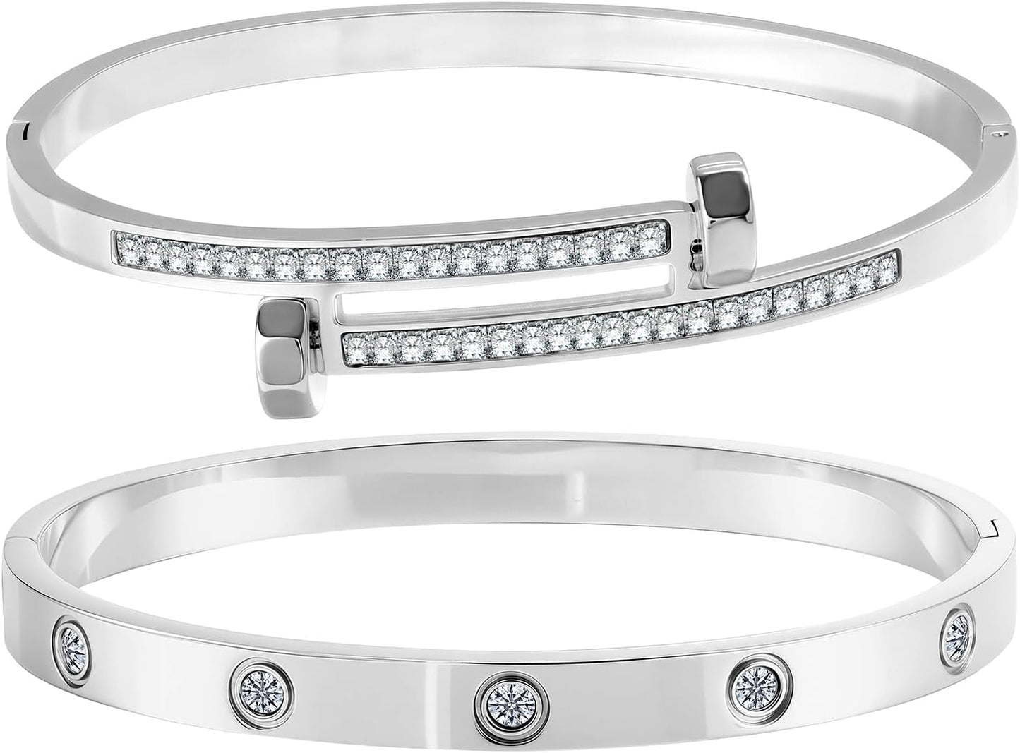 2PCS Gold Bracelets for Women Friendship & Love Theme Crystal Bangle Set Stainless Steel Non Tarnish Jewelry, Ideal Birthday Gift.