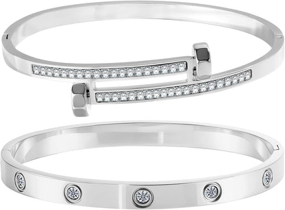 2PCS Gold Bracelets for Women Friendship & Love Theme Crystal Bangle Set Stainless Steel Non Tarnish Jewelry, Ideal Birthday Gift.