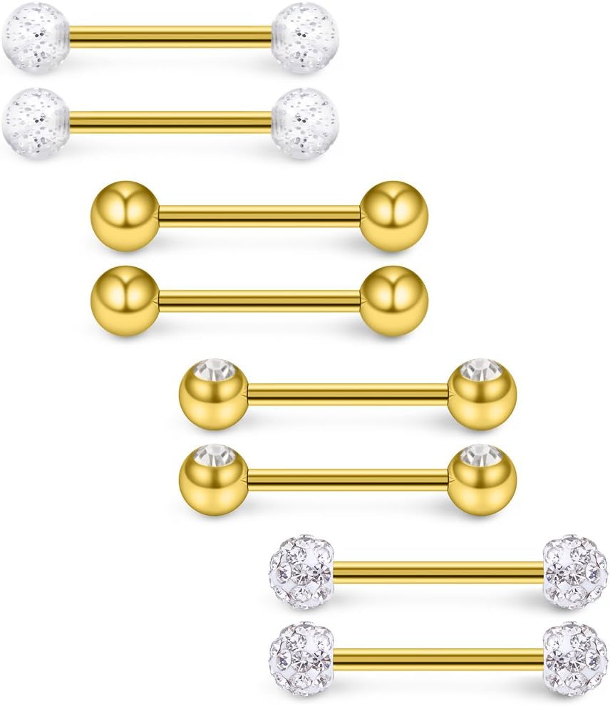 Ruifan 14G 9/16Inch Crystal Ball Nipple Tongue Shield Ring Barbell Body Piercing Jewelry Retainer 8-14PCS