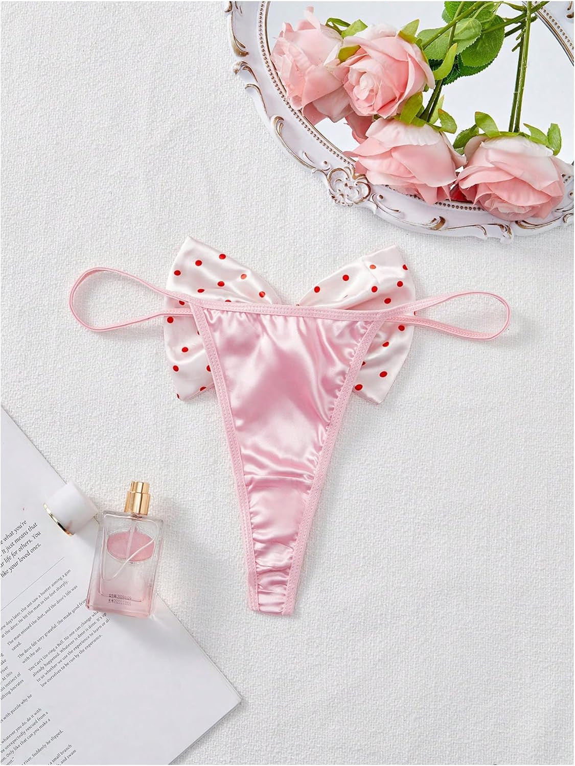 Low rise satin thong with cute bow design back view