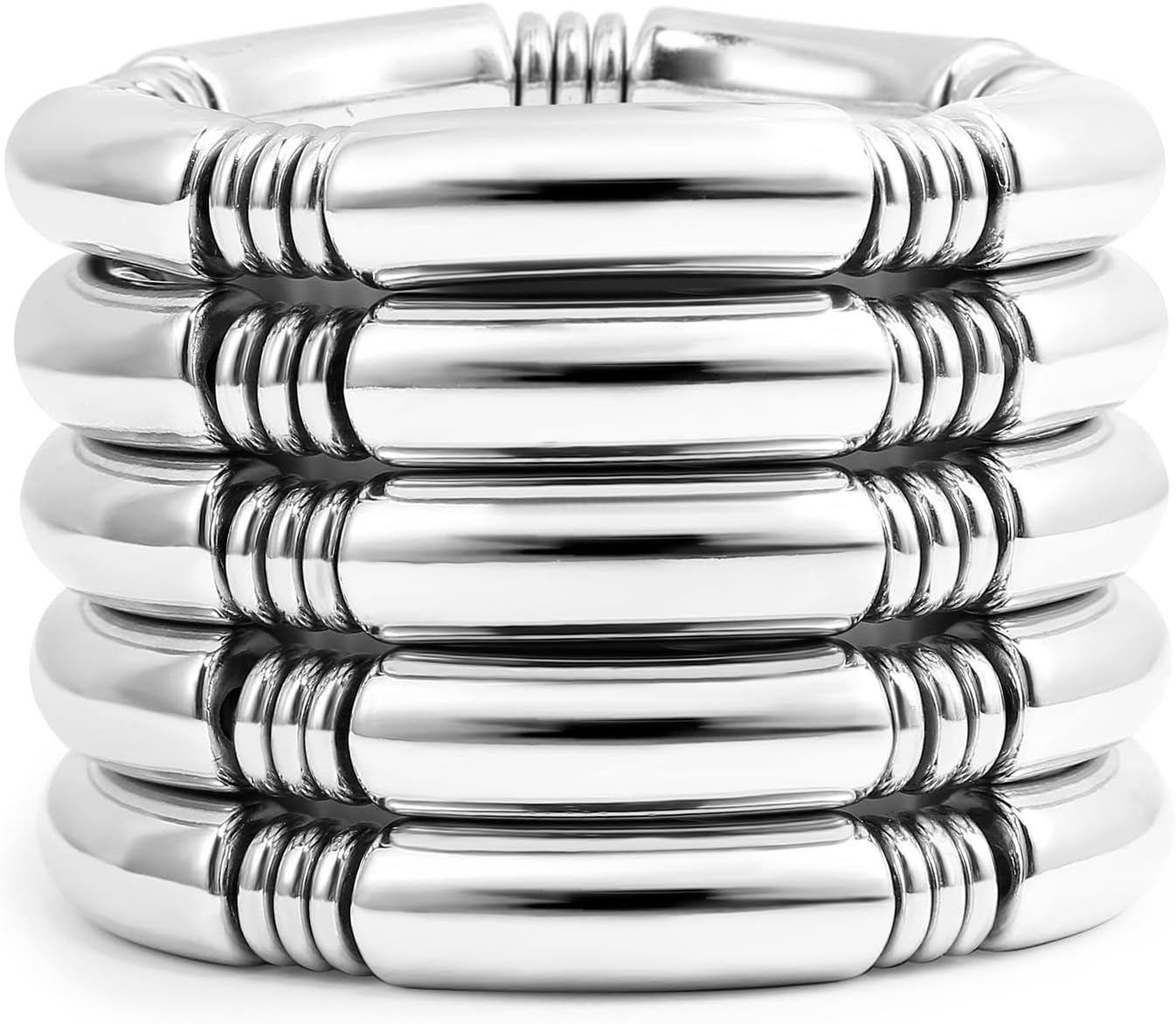 14K gold plated chunky bamboo tube stretch bangle bracelet set