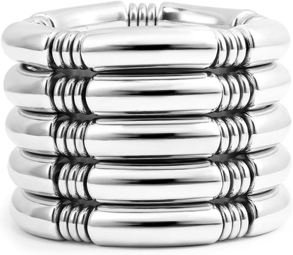 14K gold plated chunky bamboo tube stretch bangle bracelet set