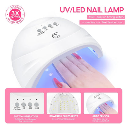 Woman applying gel nail polish from complete DIY kit