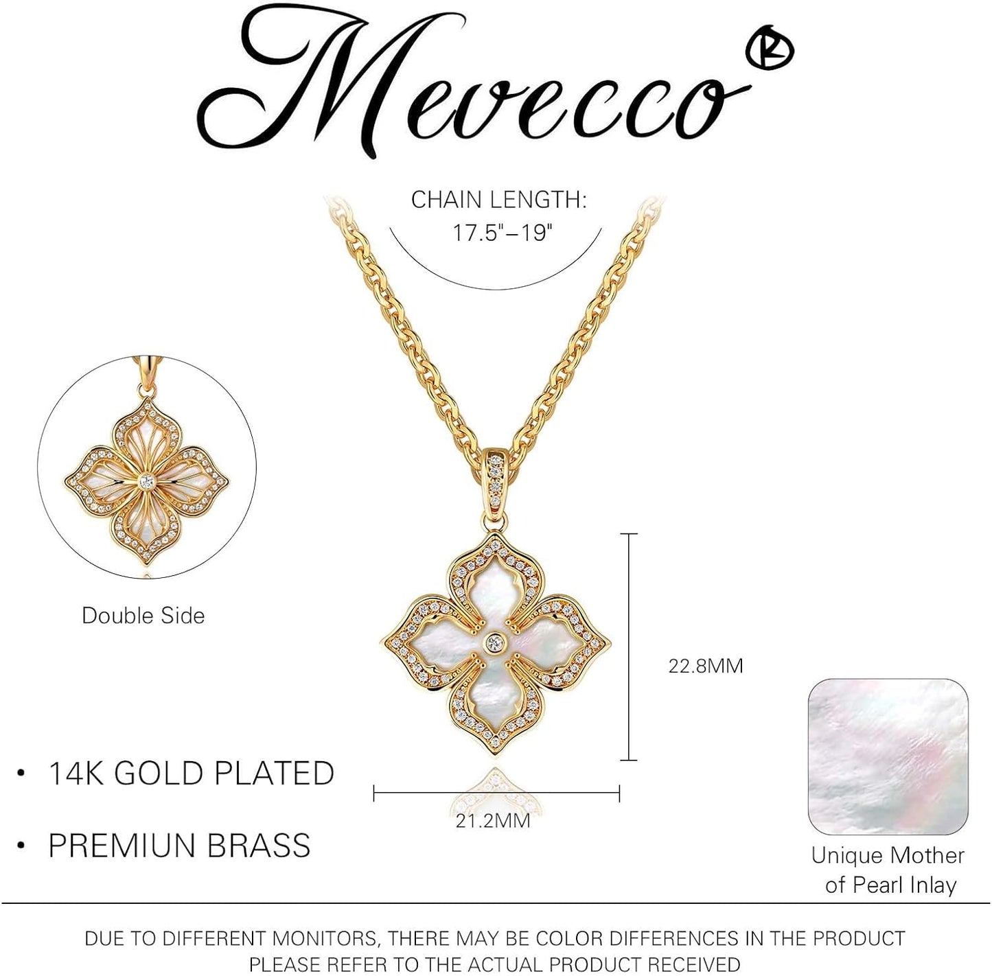 MEVECCO Gold Four Leaf Clover Necklace for Women 14K Gold Plated Clover Pendant Necklace Double Side with Diamond Vintage Filigree Flower Necklace Gift