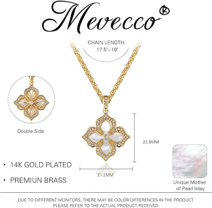 MEVECCO Gold Four Leaf Clover Necklace for Women 14K Gold Plated Clover Pendant Necklace Double Side with Diamond Vintage Filigree Flower Necklace Gift