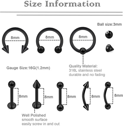 40Pcs 16G Lip Rings Surgical Steel Jewelry Labret Monroe Barbell Daith Tragus Helix Piercing Septum Nose Ring Eyebrow Body Jewelry for Women Men