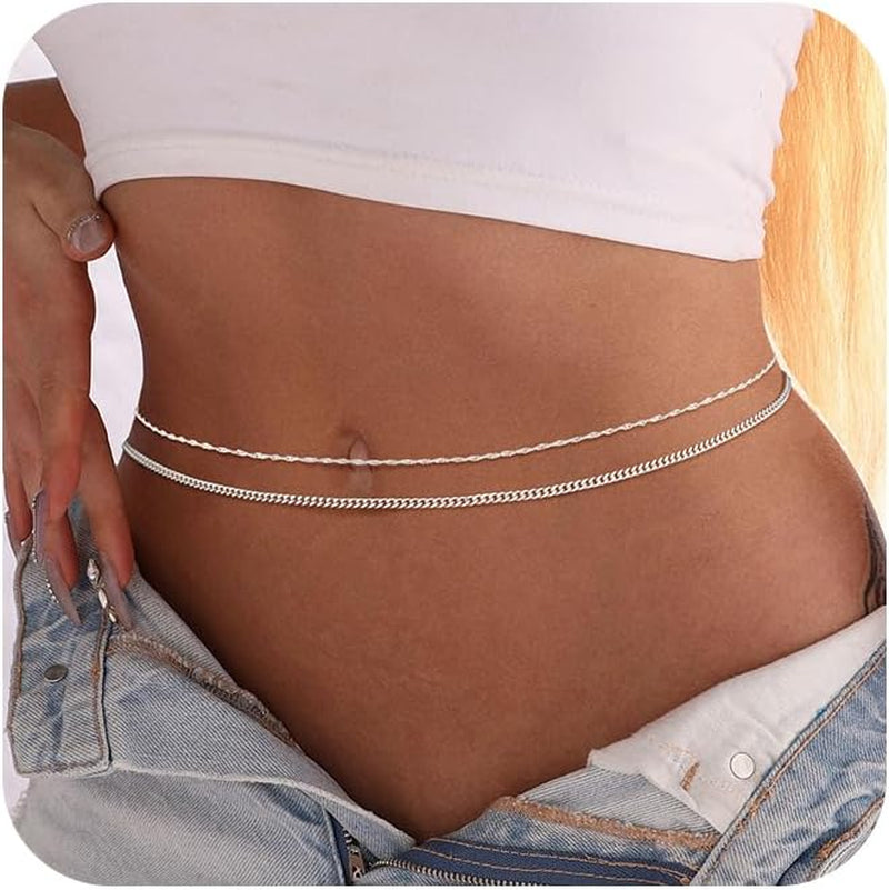 CAROVO Belly Waist Chain for Women 14K Gold Silver Plated Layered Body Chains Boho Cuban Figaro Pearl Heart Coin Satellite Bead Belly Chain Sexy Bikini Body Jewelry for Women Adjustable