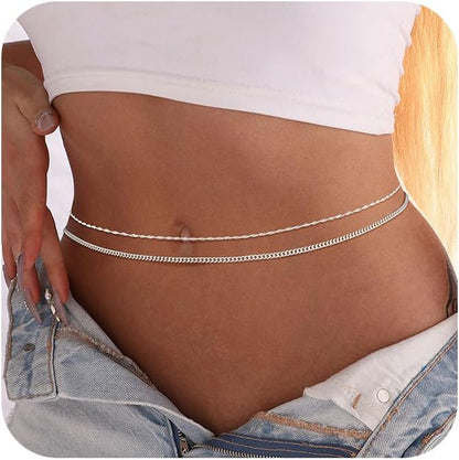 CAROVO Belly Waist Chain for Women 14K Gold Silver Plated Layered Body Chains Boho Cuban Figaro Pearl Heart Coin Satellite Bead Belly Chain Sexy Bikini Body Jewelry for Women Adjustable