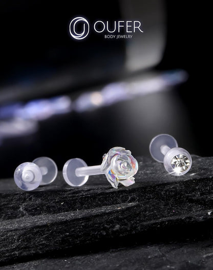 OUFER 3PCS Plastic Helix Piercing Jewelry, Clear Lip Piercing Retainers for Surgery, Cute Flower Lip Rings, 16G Flat Back Cartilage Tragus Lobe Earrings for Women and Men-8Mm