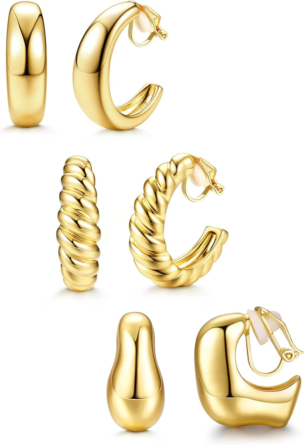 BESTEEL 3Pairs Clip on Earrings for Women Trendy Hypoallergenic 14K Gold Plated Chunky Tube Croissant Waterdrop Clip-On Hoop Earrings Set Fake Jewelry Non Pierced Ears