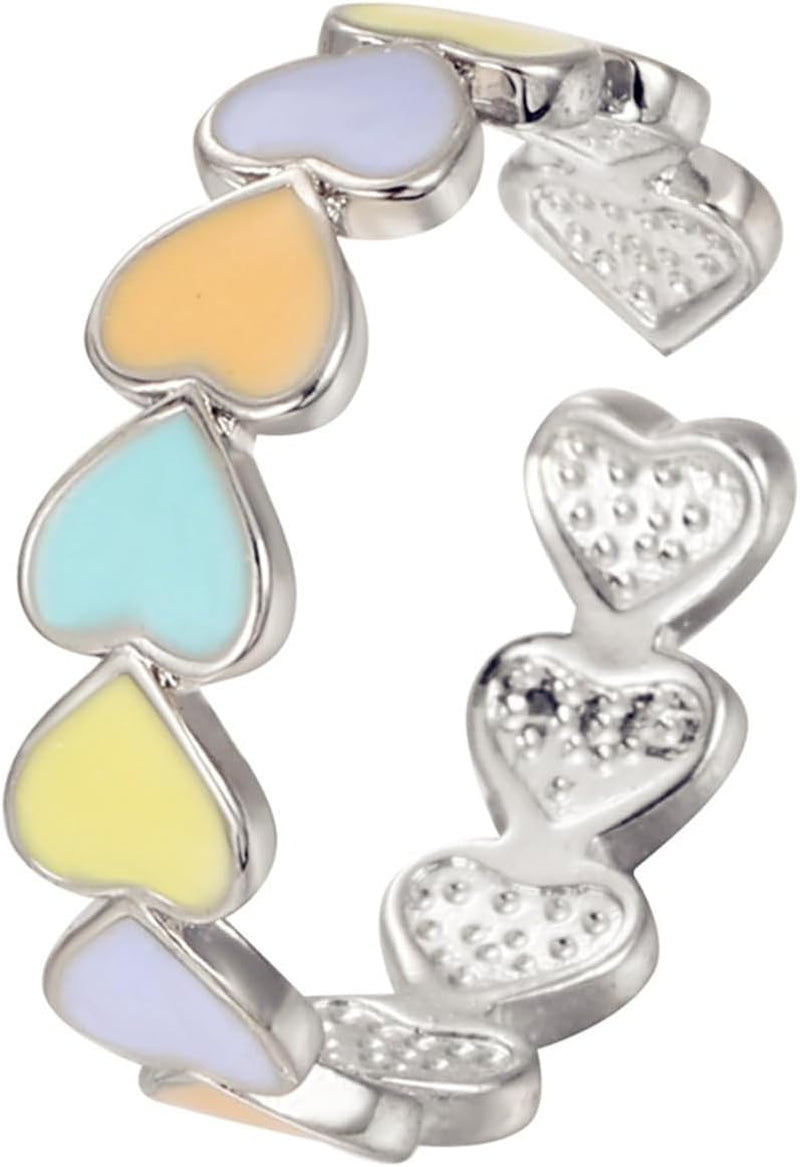 Colorful Enamel Heart Finger Ring Gold Silver Plated Sweet Pink Love Hearts Adjustable Open Promise Rings for Women Wedding Bridal Birthday Party Valentines Day Christmas Fashion Jewelry Gifts