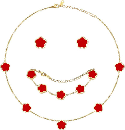 Double-Sided Clover Jewelry Set - 18K Gold Plated Flower Design Five Leaf Clover Bracelet Pendant Necklace and Stud Earrings for Women.Lucky Gifts for Mom Wife Daughter Friends
