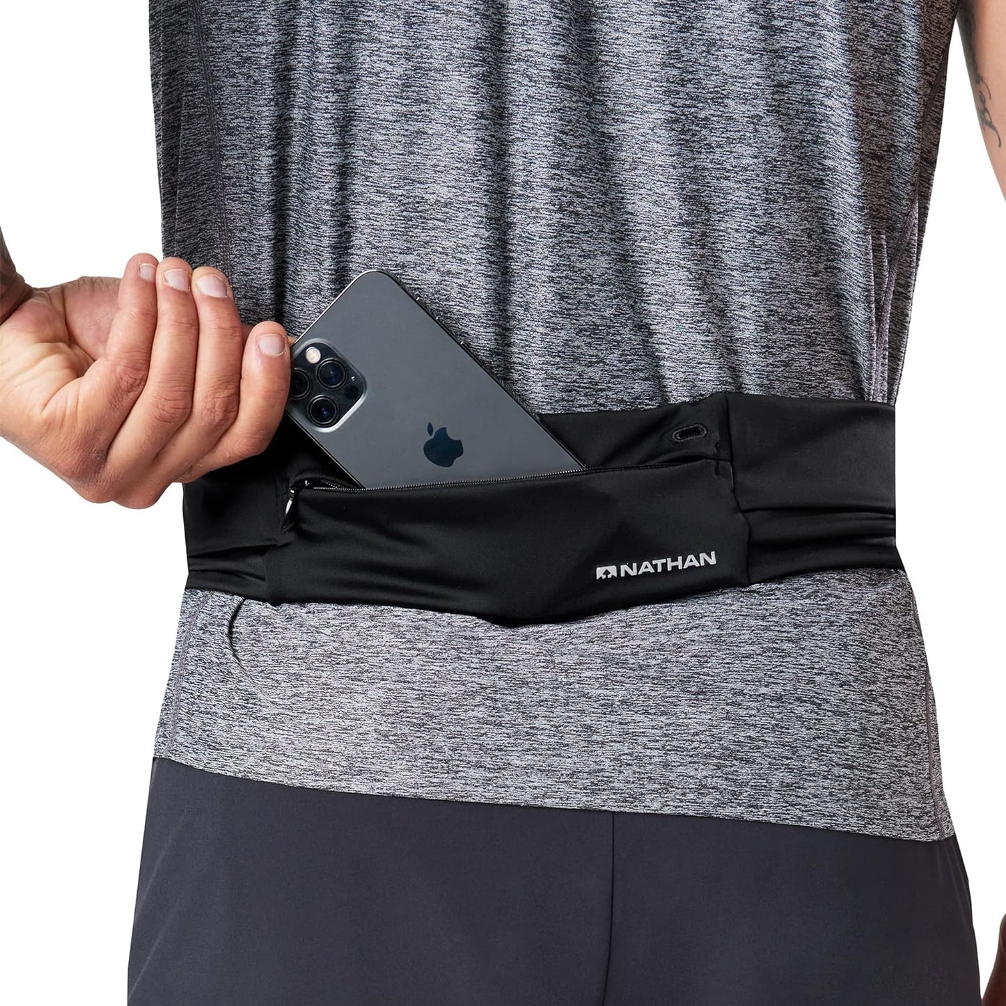 Weather-resistant Nathan running belt with quick-stash pockets