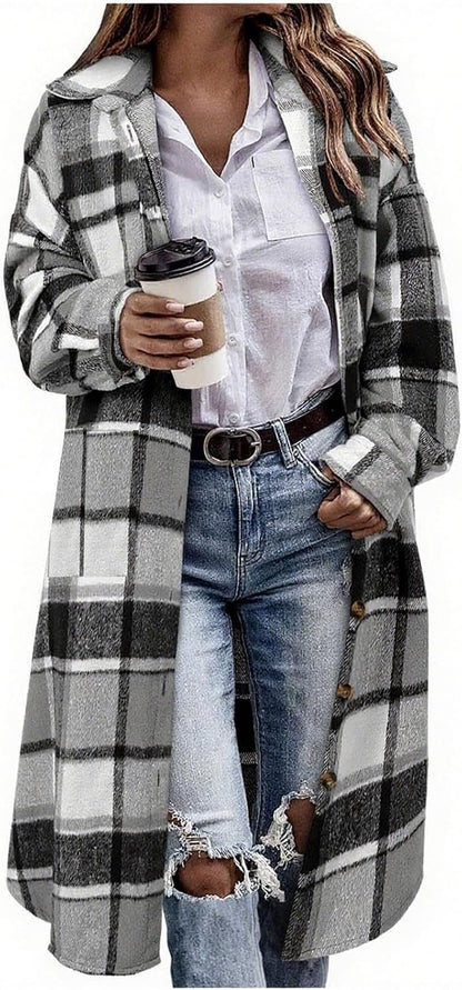 Casual flannel shirt jacket worn over dress with layered look