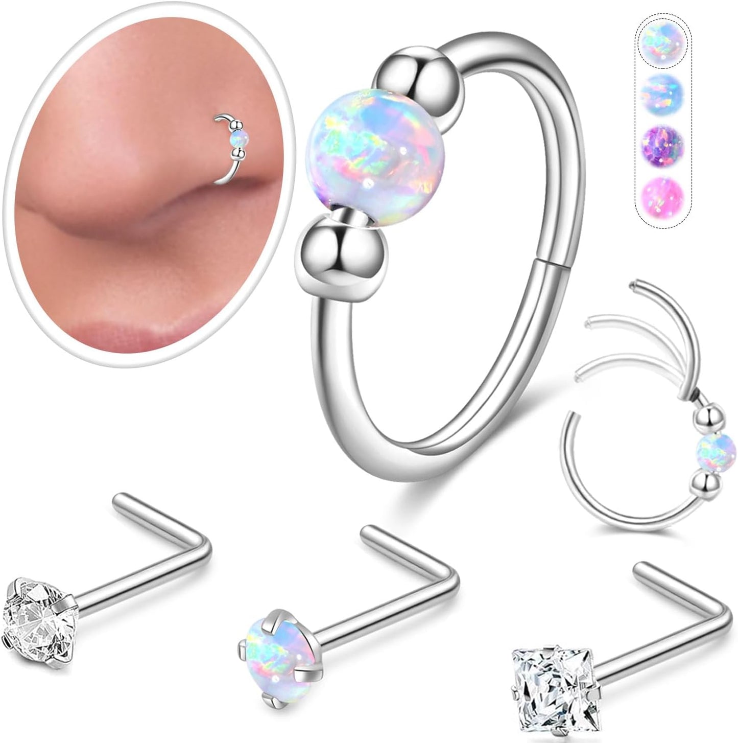 Opal Nose Ring Studs Horseshoe Nose Rings Hoops Stud 316L Stainless Steel Nose Rings round CZ Square Screw L Shaped Nose Stud Hypoallergenic Nostril Piercing Jewelry for Women Men