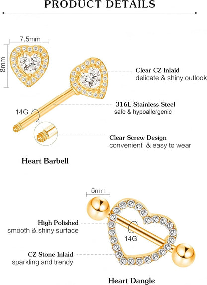 Tatuo 4 Pairs Stainless Steel Nipple Tongue Rings Piercing Body Jewelry Barbell CZ Heart Shape Rings for Women Girls(Gold Bar and White Zirconia)