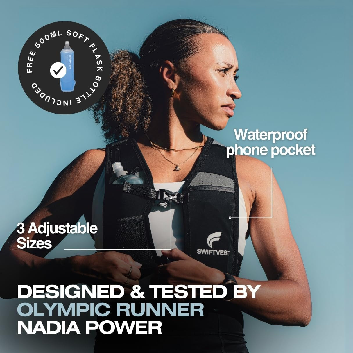 Unisex hydration vest with waterproof phone pouch displayed