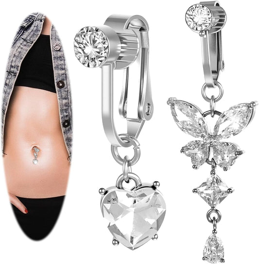 2 Pcs Clip on Fake Belly Button Piercing for Women, Butterfly and Heart Shaped Non-Piercing Silver Fake Belly Button Ring Jewelry for Women