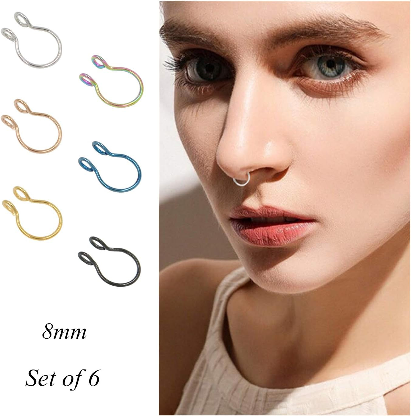 Fake Septum Hoop Nose Ring - 20G, 8Mm, Clip On, Gold, Rose Gold, Silver, Non-Pierced Faux Body Piercing Jewelry
