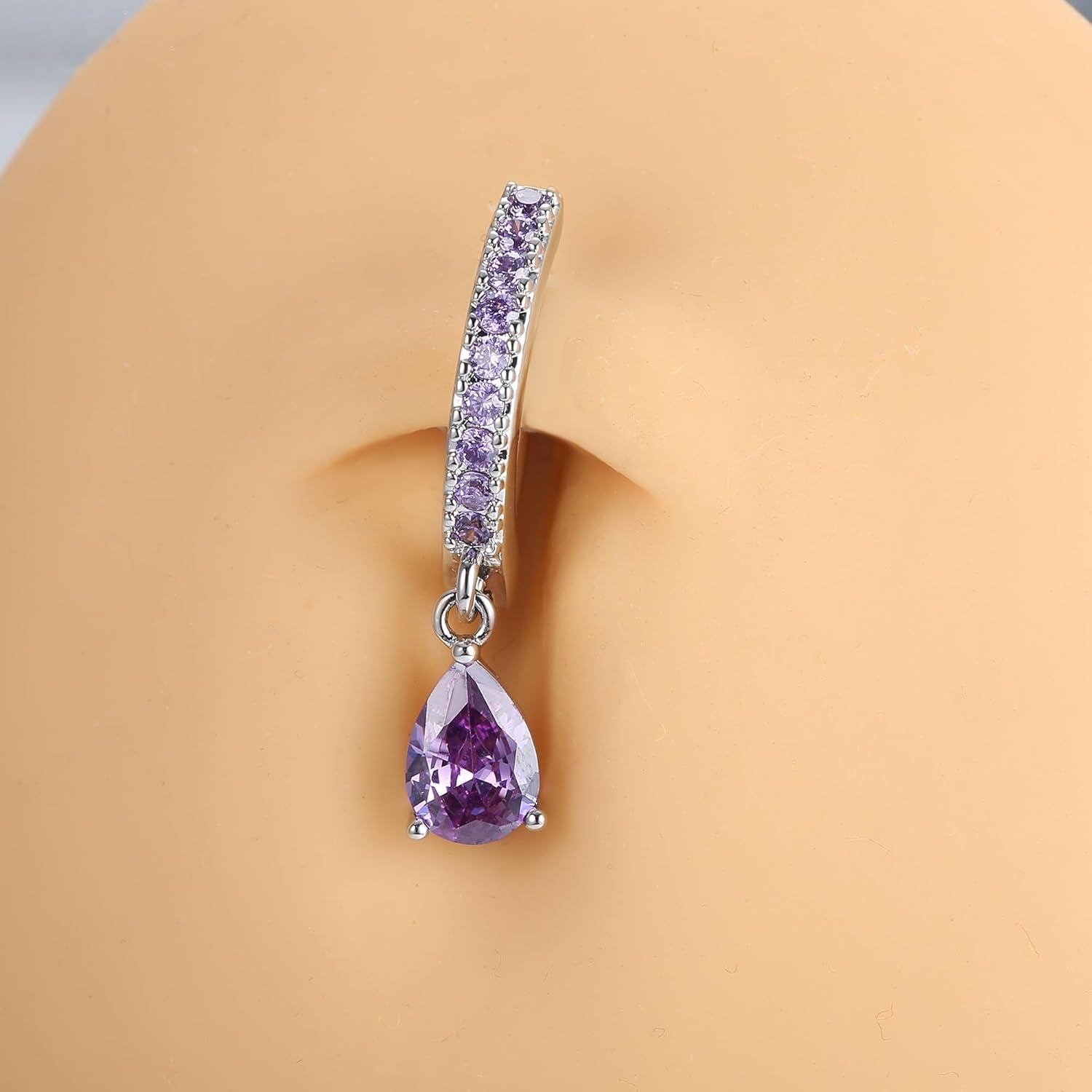 FIBO STEEL 14G Clicker Belly Rings 316L Surgical Steel Dangle Belly Button Ring CZ Teardrop Pendant Navel Rings Barbell Body Piercing Jewelry