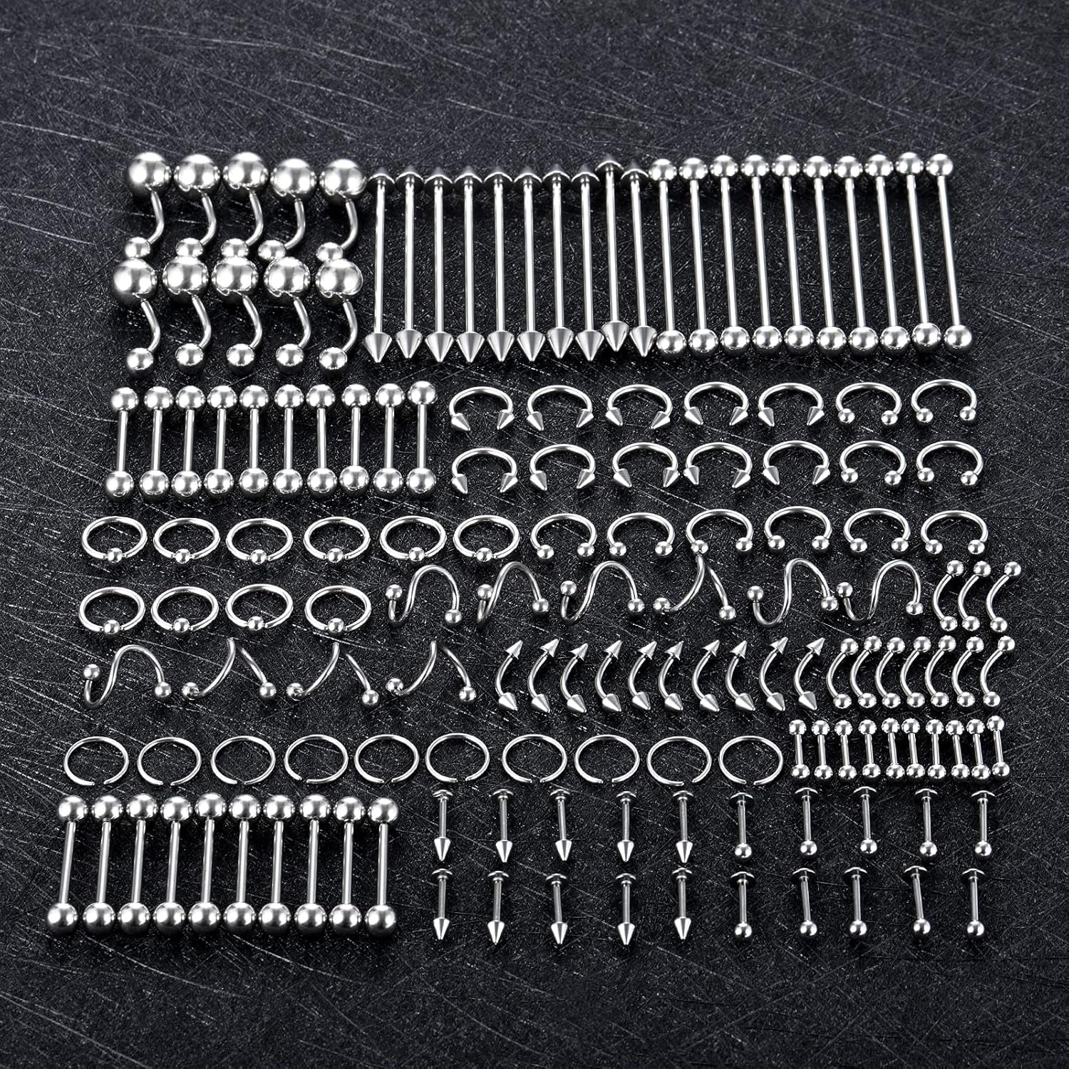 Xpircn 150PCS Piercing Kit Jewelry Stainless Steel Lip Nose Tongue Tragus Cartilage Daith Eeybrow Belly Button Rings Body Piercing Tools 14G 16G 20G