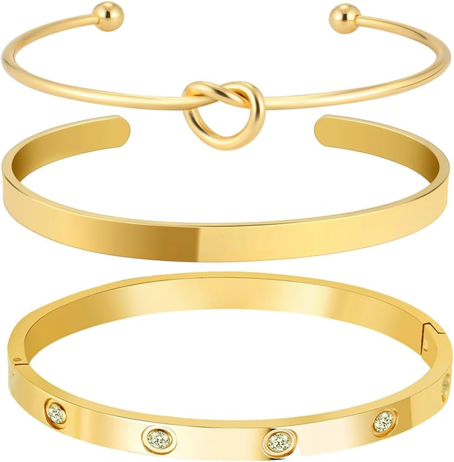 YOUNGGRACE Christmas Stocking Stuffers Gold Bangle Cuff Bracelet for Women Stack Non Tarnish Gold Plated Dainty Cubic Zirconia Tennis Bracelets Jewelry Set for Women Trendy