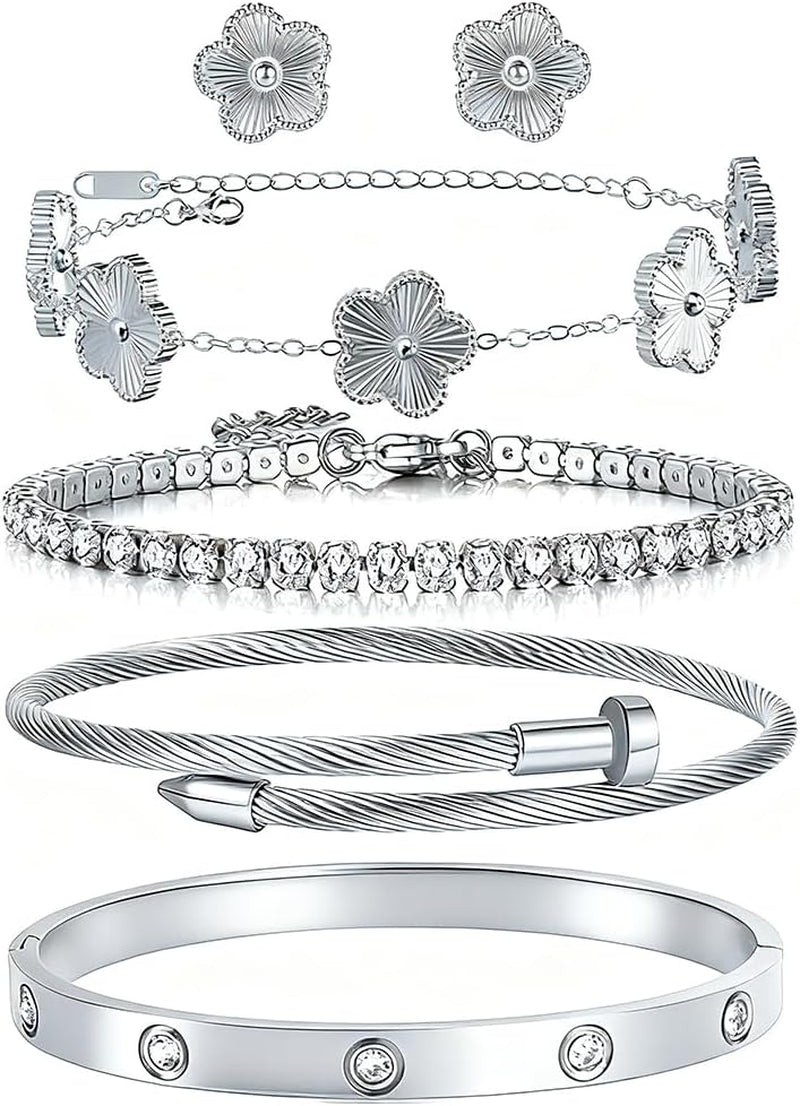 Freinit Bracelets and Earrings Set for Women 5Pcs 18K Gold Plated Nail Love Bangle Bracelet Set Adjustable Bracelet Stackable Flower Tennis Bracelet Gifts for Christmas Valentines Women'S Day and Mother'S Day