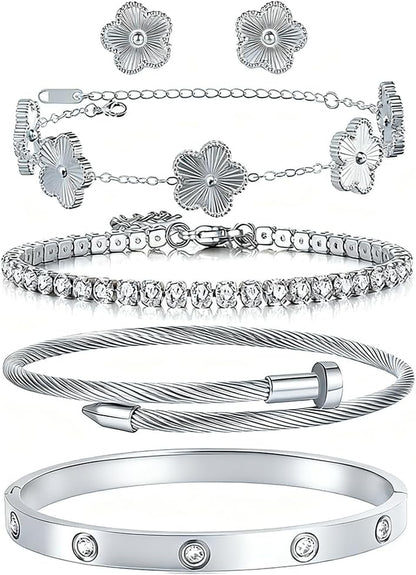Freinit Bracelets and Earrings Set for Women 5Pcs 18K Gold Plated Nail Love Bangle Bracelet Set Adjustable Bracelet Stackable Flower Tennis Bracelet Gifts for Christmas Valentines Women'S Day and Mother'S Day