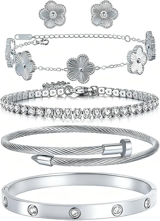 Freinit Bracelets and Earrings Set for Women 5Pcs 18K Gold Plated Nail Love Bangle Bracelet Set Adjustable Bracelet Stackable Flower Tennis Bracelet Gifts for Christmas Valentines Women'S Day and Mother'S Day