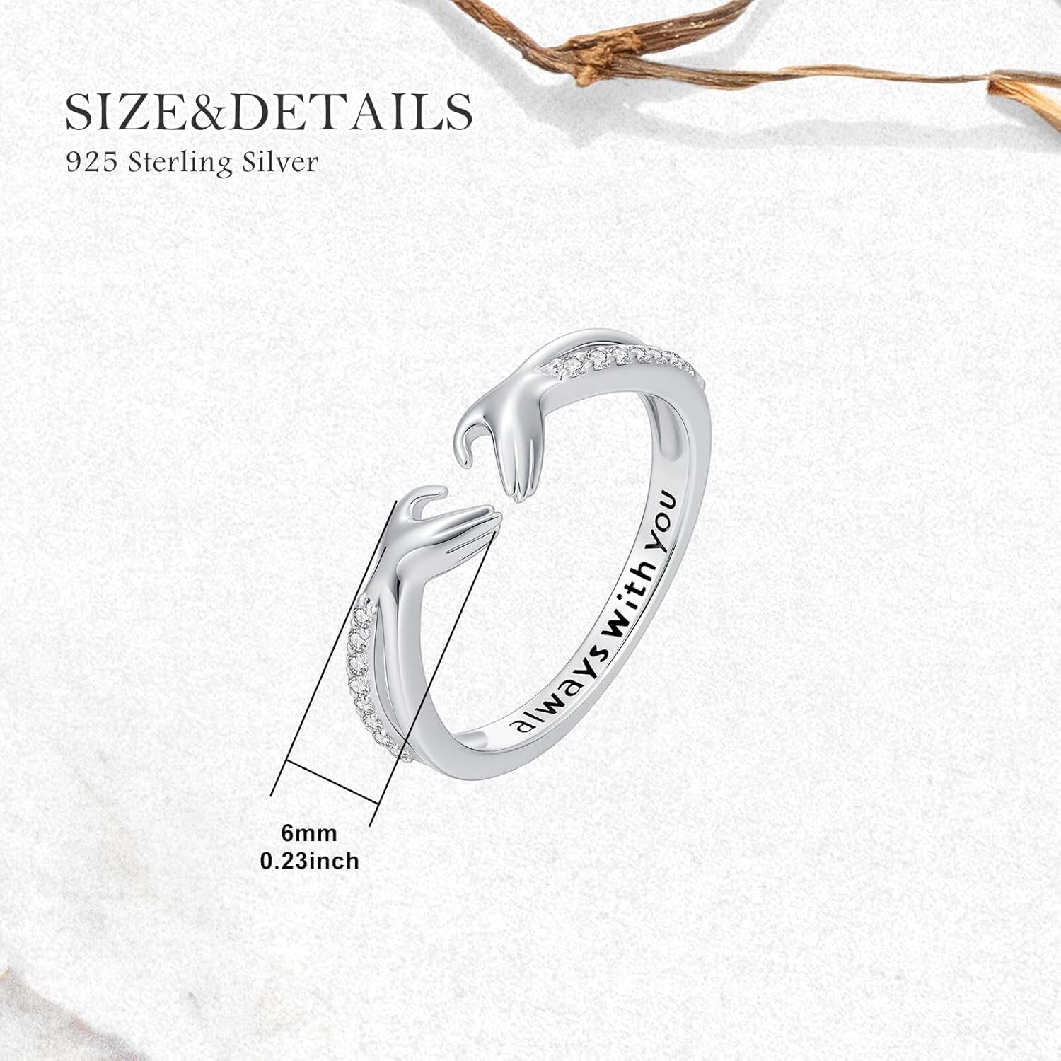 Gift presentation of romantic silver diamond hug ring for women