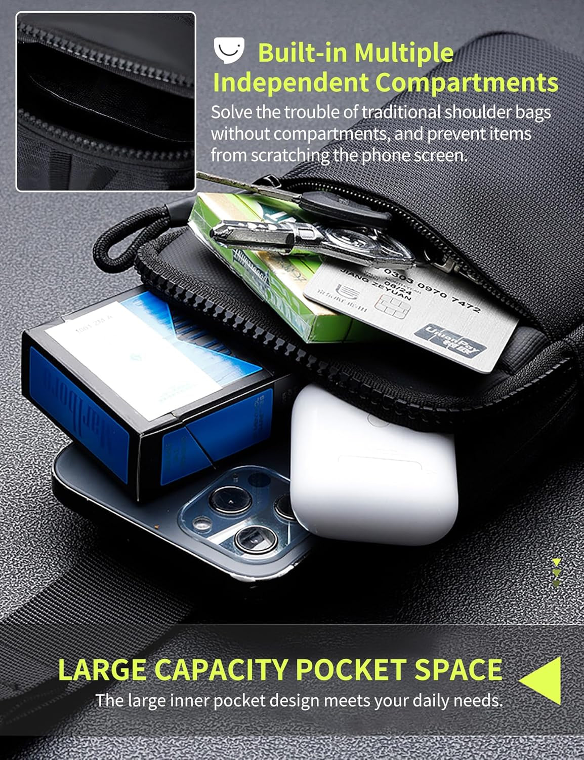 Breathable running phone holder sling bag with dual pockets open