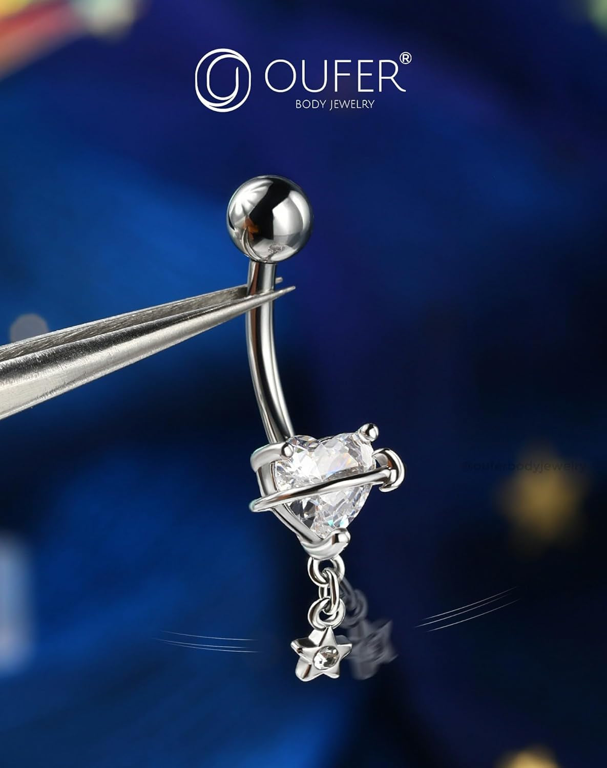 OUFER Dangle Belly Button Rings, 316L Surgical Steel Belly Rings for Women, 14G Heart Navel Piercing Jewelry, Star Dangling Clear CZ Curved Barbells Silver/Gold 10MM