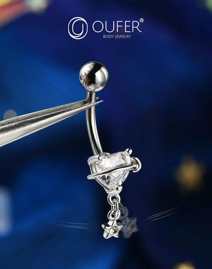 OUFER Dangle Belly Button Rings, 316L Surgical Steel Belly Rings for Women, 14G Heart Navel Piercing Jewelry, Star Dangling Clear CZ Curved Barbells Silver/Gold 10MM