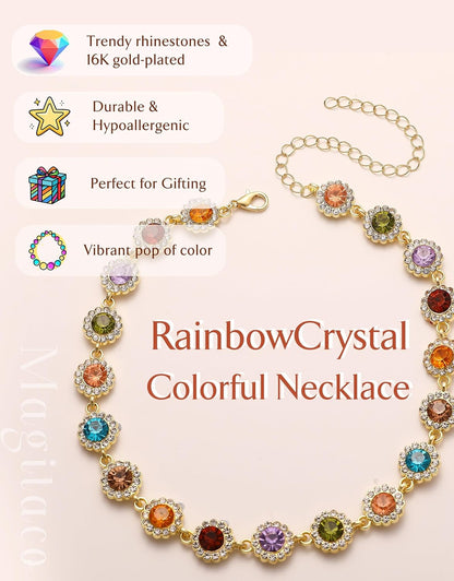 Magitaco Colorful Rhinestone Choker Necklace for Women, Gold Plated Rainbow Crystal Necklaces, Trendy Gemstone Necklace Jewelry for Beach Prom