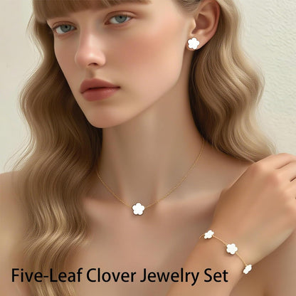 Luckybelle Leaf Clover Necklace & Gold Bracelet Set for Women, Elegant Bracelet,Earrings& Charm Jewelry Set for Anniversary, Birthday Gifts, Five-Leaf Clover Jewelry as Wedding, Party Accessories