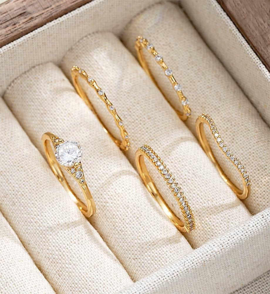 If YOU Gold Rings for Women Non Tarnish, Dainty 14K Gold Plated Stackable Cubic Zirconia Knuckle Ring Set, Trendy Statement Promise Wedding Bands Stacking Engagement Rings Size 6 7 8 9 10