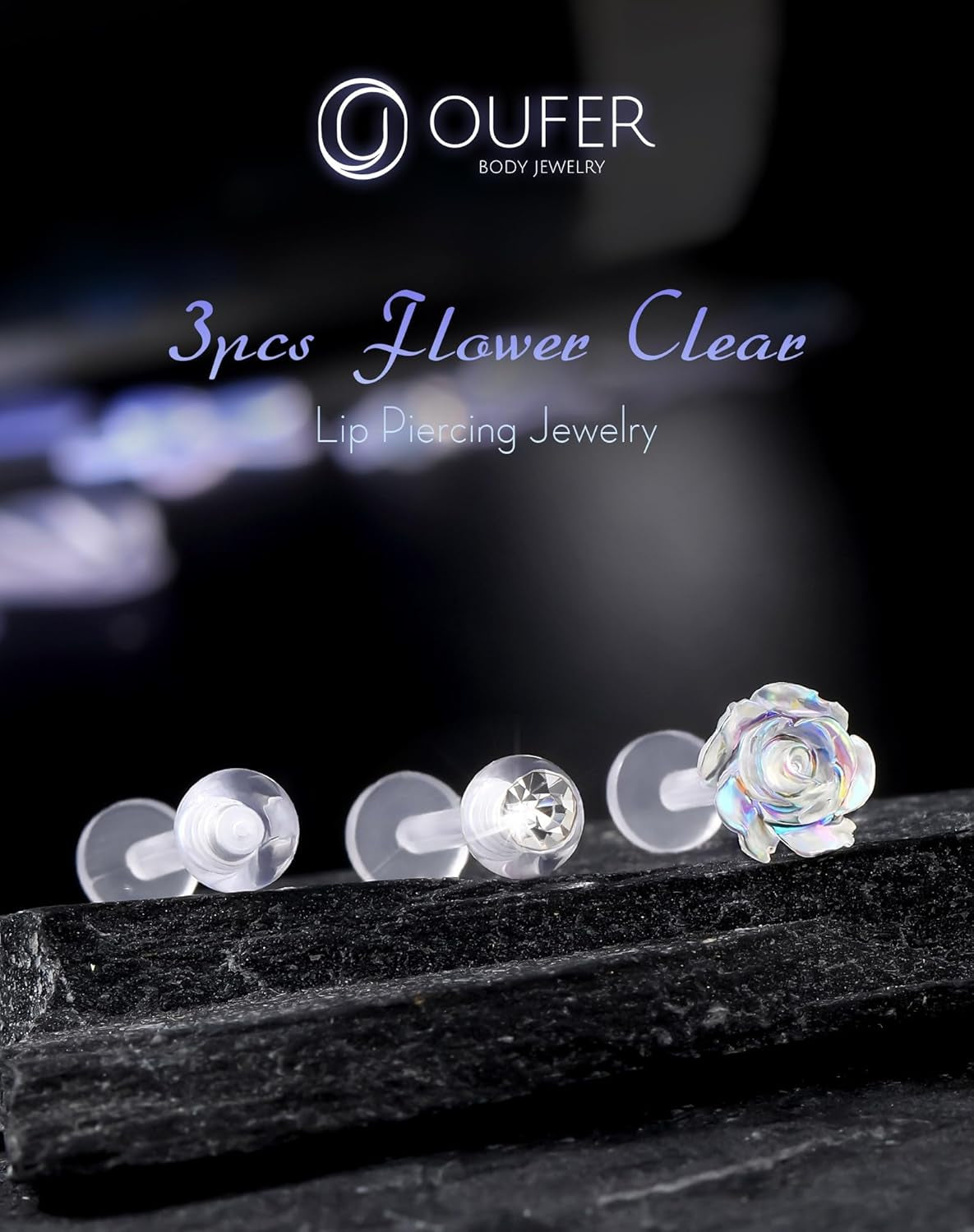 OUFER 3PCS Plastic Helix Piercing Jewelry, Clear Lip Piercing Retainers for Surgery, Cute Flower Lip Rings, 16G Flat Back Cartilage Tragus Lobe Earrings for Women and Men-8Mm