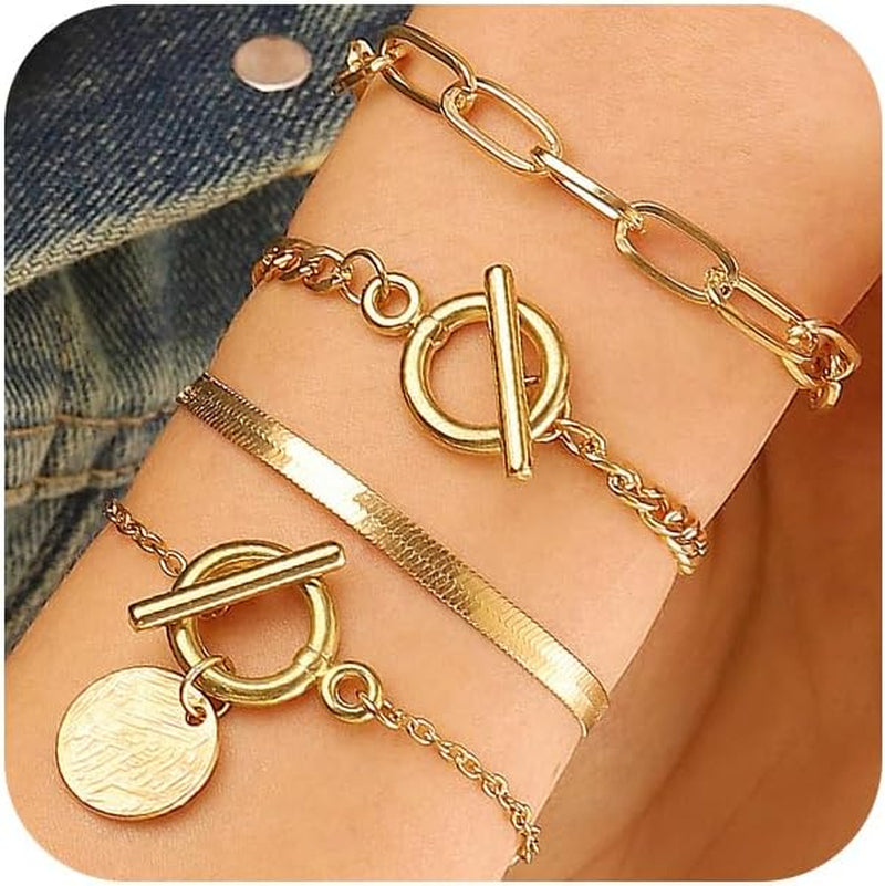 4Pcs Goth Black Stackable Bracelets Set for Women Gothic Statement Gold Coin OT Buckle Bracelet Vintage Paperclip Chain Y2K Party Hallowmas Jewelry Gifts