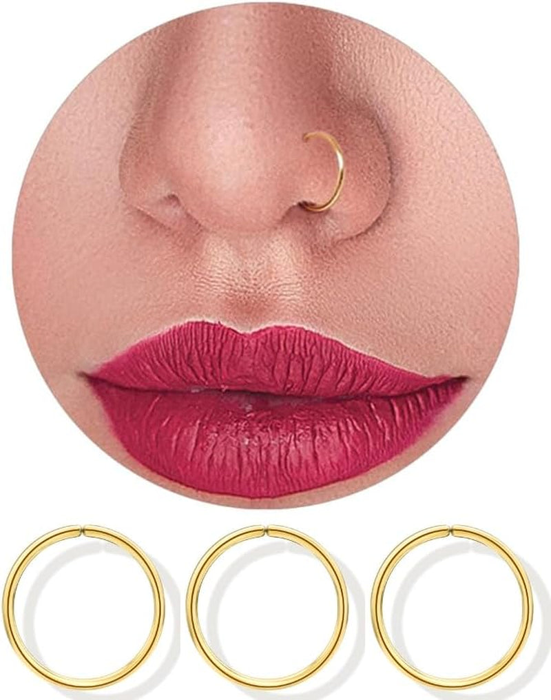 LUCKYJEWUS 14K Gold Nose Rings Hoops for Women 22 Gauge, Small Thin Nose Piercing Jewelry, 3Pcs 8Mm 22G