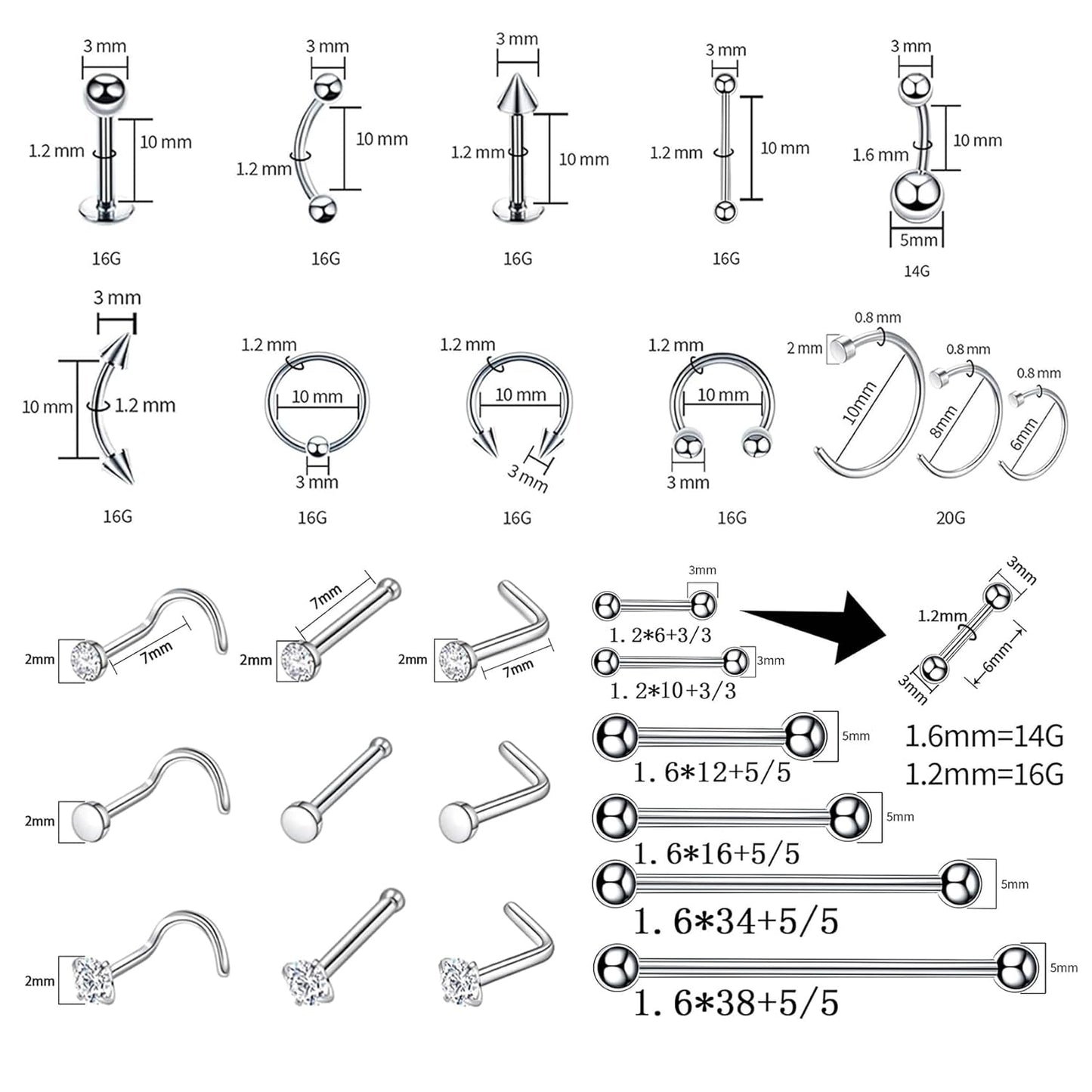 80PCS Nose Piercing Kit: Stainless Steel Body Piercing Jewelry with 12G, 14G, 16G, 20G Needles for Ear, Nose, Lip, Eyebrow