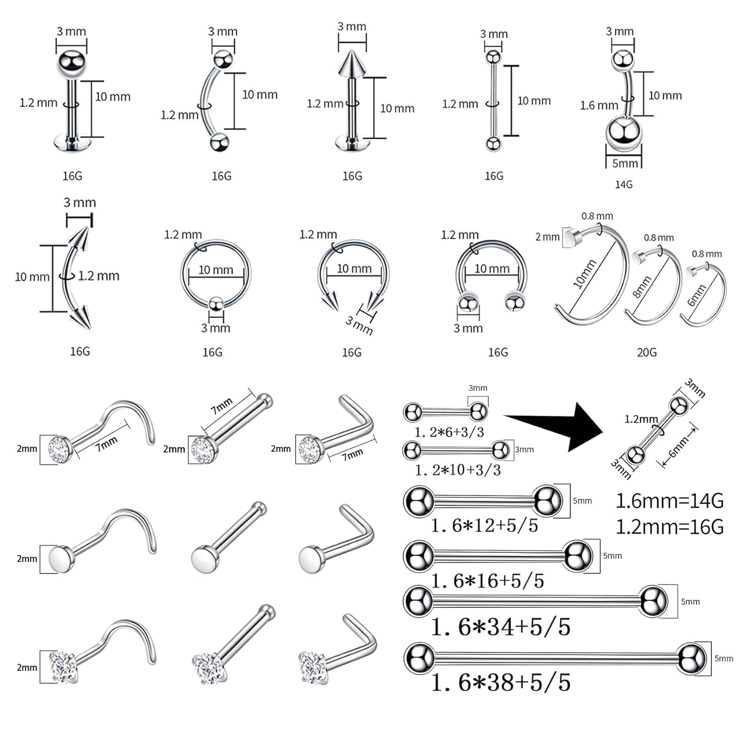 80PCS Nose Piercing Kit: Stainless Steel Body Piercing Jewelry with 12G, 14G, 16G, 20G Needles for Ear, Nose, Lip, Eyebrow